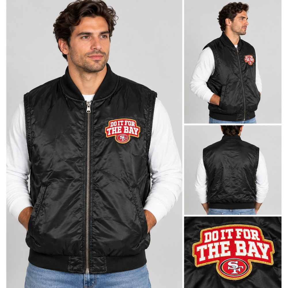 Forever 21 Men's XL 49ers Satin Bomber Black Vest "Do It For The Bay" Full Zip